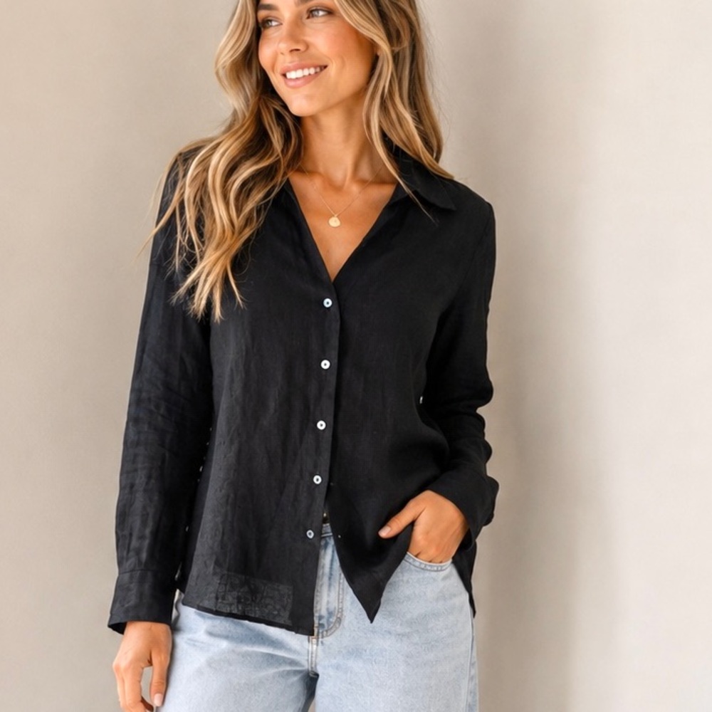 Talbots Pure Irish Linen V Neck Long Sleeve Blouse Button Down Black Size 10